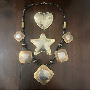 Vintage Mixed Metals Chunky / Brutalist Necklace with Heart & Star Brooches